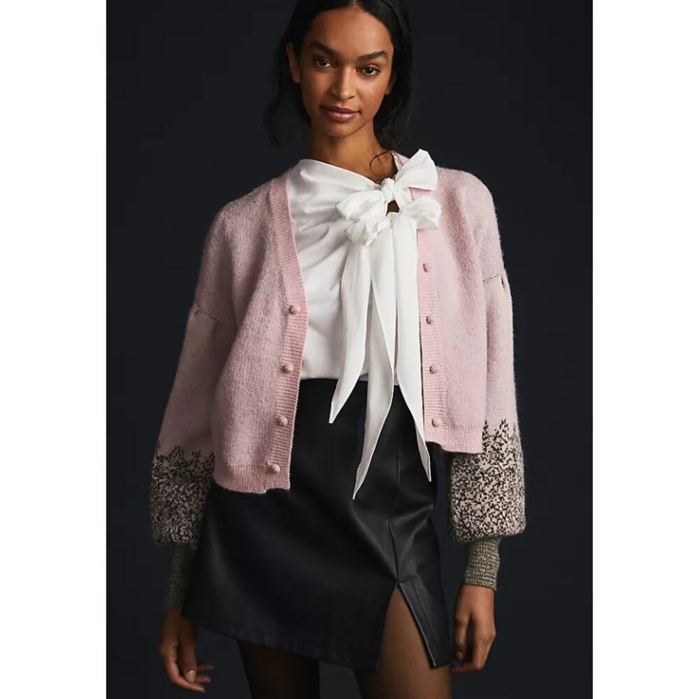 Chunky Pink Colorblock Cardigan Sweater with Contrast Cuffs